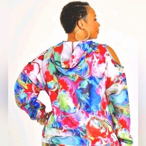 Ashley Stewart Sport Bold Marble Print Cold Shoulder Hoodie Size 10/12 EUC